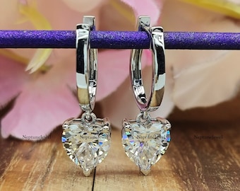 4.10Tcw Heart Cut Moissanite Earring/ 8MM Simulated Diamond Earrings /14K Solid Gold Hoop Earrings / Heart Shape Lower back Hoop Earrings