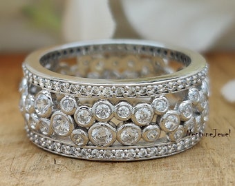 Round Cut Diamond Bezel Set Bubble's Band/ Shining Simulated Diamond Engagement Band For Her/ 925 Silver Or 14K Gold Full Eternity Band Ring