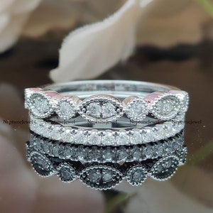 925 Silver Simulated Diamond 2 Pcs Stackable Band / 14K Gold Round Cut Moissanite Diamond Wedding Bands / 2 Matching Band For Any Ring
