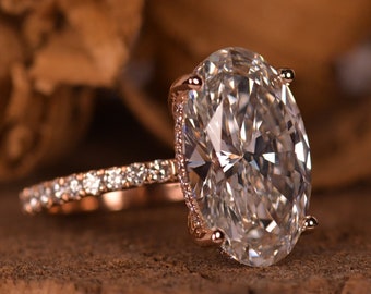 8.07Ct Elongated Oval Cut Lab Grown Diamond Engagement Ring / Round Cut CVD Diamond Set Double Halo Wedding Ring / Anniversary Gift For Her