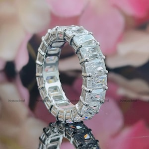 Minimalistische 3 x 5 mm Radiant Cut Moissanite Full Eternity-band / 14 kt witgouden ring bijpassende trouwring / 925 zilveren simulant diamanten ring