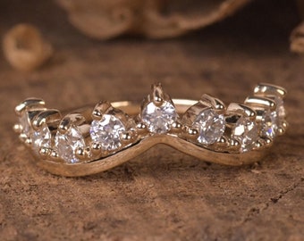 Curved Wedding Band for Diamond Engagement Rings/ Round Cut Lab Grown Diamond Wedding Band/ Chevron Half Eternity Band/ Handcrafted Jewelry