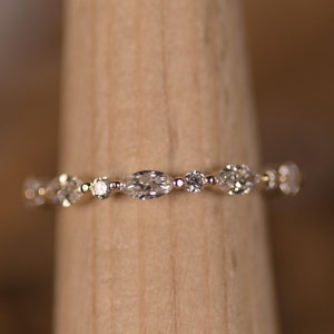 14k Solid Gold Round and Marquise Real Lab Grown Diamond Half Eternity Wedding Bands / 2x4mm Marquise CVD Diamond Stackable Rings For Women