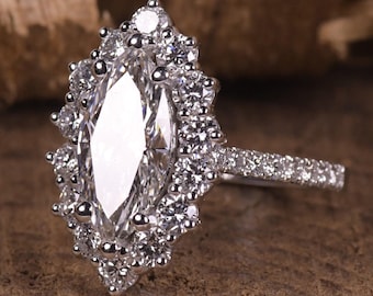 2.12ct IGI Certified Marquise Cut IGI Certified Lab Grown Diamond Engagement Ring / Round Cut Halo CVD Diamond Accent Wedding Ring