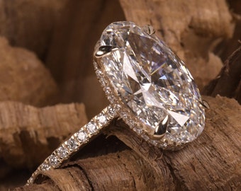 8Ct Elongated Oval Cut Lab Grown Diamond Cathedral Set Engagement Ring / Round Cut CVD Diamond Set Hedden Halo Wedding Anniversary Ring