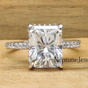 2.50Ct Radiant Cut Moissanite Wedding Ring In 14K Solid White Gold / 9x7mm Radiant Cut CZ Solitaire Accent Engagement Ring in 925 Silver