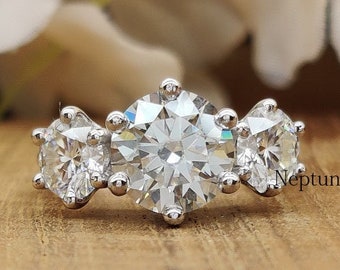 3-Stone Round Cut Moissanite Engagement Ring / 6-Prong Peg Head Setting Simulated Diamond Wedding Ring/ 925 Silver CZ Ring/ Anniversary Gift