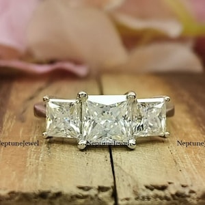 3 Stone Princess Cut Moissanite Solitaire Wedding Ring In 14K White Gold / 3.07tcw Princess Simulated CZ 925 Starling Silver Engagement Ring