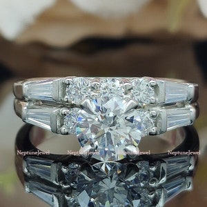 14K White Gold Round and Tapper Baguette Eternity Ring Set/ 2.00 Ct Round Moissanite Engagement Ring Set/ 925 Silver CZ Bridal Ring Set