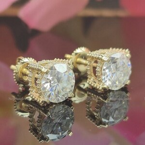 14K Gold 3.25Tcw Round Cut Colorless Moissanite Basket Set Diamond Stud/ 925 Silver Simulated Diamond Earrings/ Dainty Anniversary Earrings
