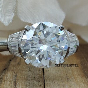 Huge 10MM Round and Tapered Baguette Cut Simulated Diamond Ring/ 7-Stone Silver, 14K Solid Gold Moissanite Wedding Ring/ Big Solitaire Ring
