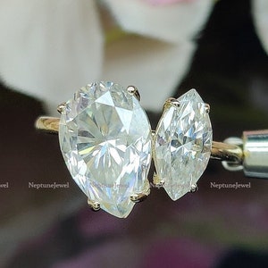 Toi et Moi Ring/ Marquise And Pear Cut Moissanite Diamond 14K Gold Engagement Ring/ 925 Silver Marquise and Pear Cut Simulated Diamond Ring