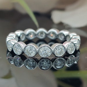 3mm Round Cut Moissanite Full Eternity Bezel Set Wedding Band In 14K White Gold/ Simulated Diamond Set Stackable Band/ Silver Matching Band