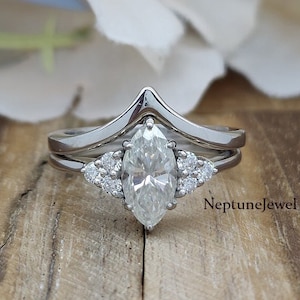 1.00 CT Marquise Cut Moissanite With Plan V-Shape Matching Band/Solid 14K Rose Gold Wedding Ring Set/Marquise Cut Bridal Engagement Ring Set
