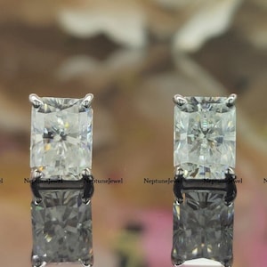 Radiant Cut Moissanite Stud Earrings/ Sparkling Bridal or Wedding Jewelry in 14K White Gold/ 8x6mm Radiant Simulant CZ studs Sterling Silver
