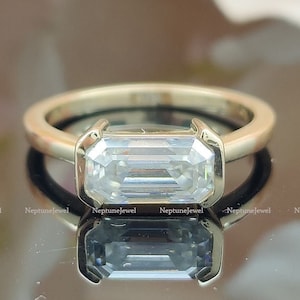 East - West Half Bezel Set Moissanite Solitaire Engagement Ring In 18K Yellow Gold / 925 Sliver 9x5mm Elongated Emerald Cut Anniversary Gift