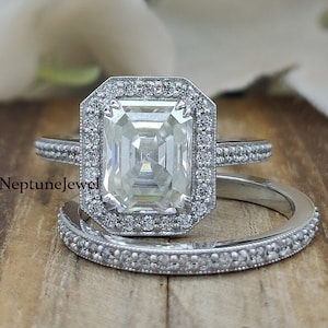 8 x 10 mm Längliche Moissanit Halo Verlobungsring Sets / 14K Solid Gold Hochzeit Braut Sets / Simulierter Diamant Braut Ring Set