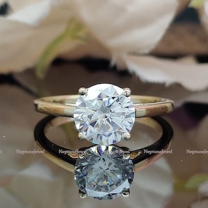 14K Solid Yellow Gold 4 Prong Round Brilliant Cut Lab Diamond Solitaire Wedding Ring/ 2 Ct Moissanite Engagement Ring/ Dainty Solitaire Ring