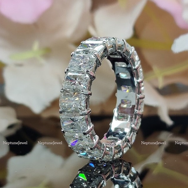 4x6mm Radiant Cut Moissanite Full Eternity Band/ 14K White Gold Ring Matching Wedding Band / 925 Silver Simulant Diamond Engagement Ring