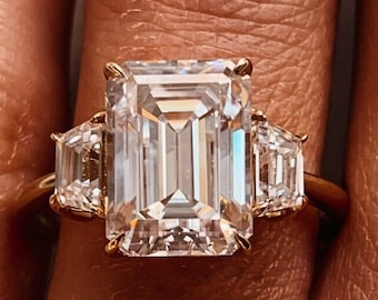 Three Stone Engagement Ring/ Emerald And Tapered Baguette Three Stone Moissanite Ring / Emerald Cut Solitaire Simulated Diamond Wedding Ring