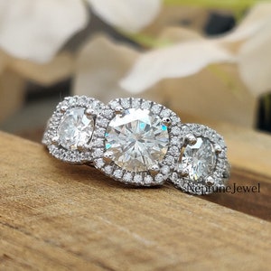 3-Stone Moissanite Wedding Ring / 2.50 CT Round Halo Simulated Diamond Ring / Solid 14k White Gold CZ Ring / Anniversary Gift Ring/ Gift Her