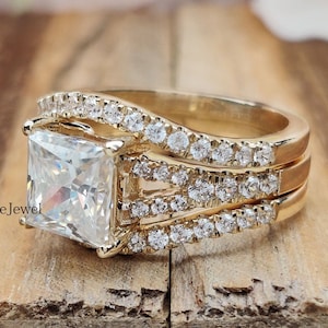 3.50CT Princess Moissanite Wedding Set / Princess Three Piece Simulated Diamond Bridal Set / 925 Silver Trio Engagement Ring Set/ Bridal Set