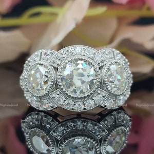Conjunto de bisel antiguo anillo de diamantes de talla europea / anillo vintage de tres piedras / anillo de boda eduardiano / anillo de declaración para mujeres / anillo de mediados de siglo