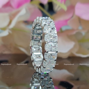 4x6mm Radiant Cut Moissanite Full Eternity Band/ 14K White Gold Ring Matching Wedding Band / 925 Silver Simulant Diamond Engagement Ring