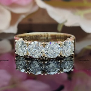 14k Yellow Gold  4-stone Round Moissanite Ring / 6mm Round Cut Simulated Diamond Set Engagement Ring / 925 Silver 4-Stone Anniversary Gift