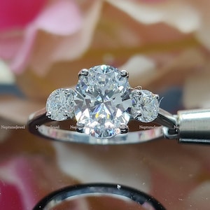 3-Stone Moissanite Ring/9x7mm Oval and Round Moissanite Engagement Ring/925 Silver Simulated Diamond Wedding Ring/14K or 18K Solid Gold Ring
