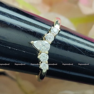 Fede nuziale con diamante simulato a taglio rotondo e pera / Fede nuziale in argento 925 o oro massiccio 14K / Fede nuziale impilabile con fede nuziale