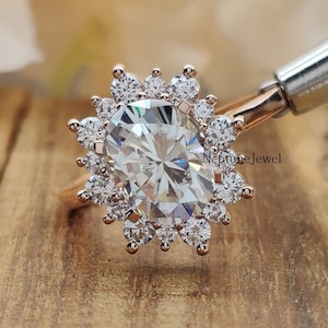 Star Burst Halo Solid Gold Engagement Ring/ Oval and Round Cut Moissanite Diamonds/ 14K Rose Gold Vintage Style Halo Wedding Ring/ Gift Her