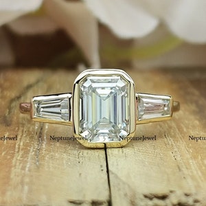 1.75CT Emerald and Tapered Baguette Moissanite Bezel Ring/ 3-Stone 14K Solid Gold Lab Diamond Wedding Ring/ Solitaire Simulated Diamond Ring