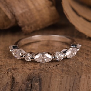 14K Solid White Gold Marquise With Round Brilliant Cut CVD Engagement Band / Half Eternity Alternating Band / Matching Band For Bridal Ring