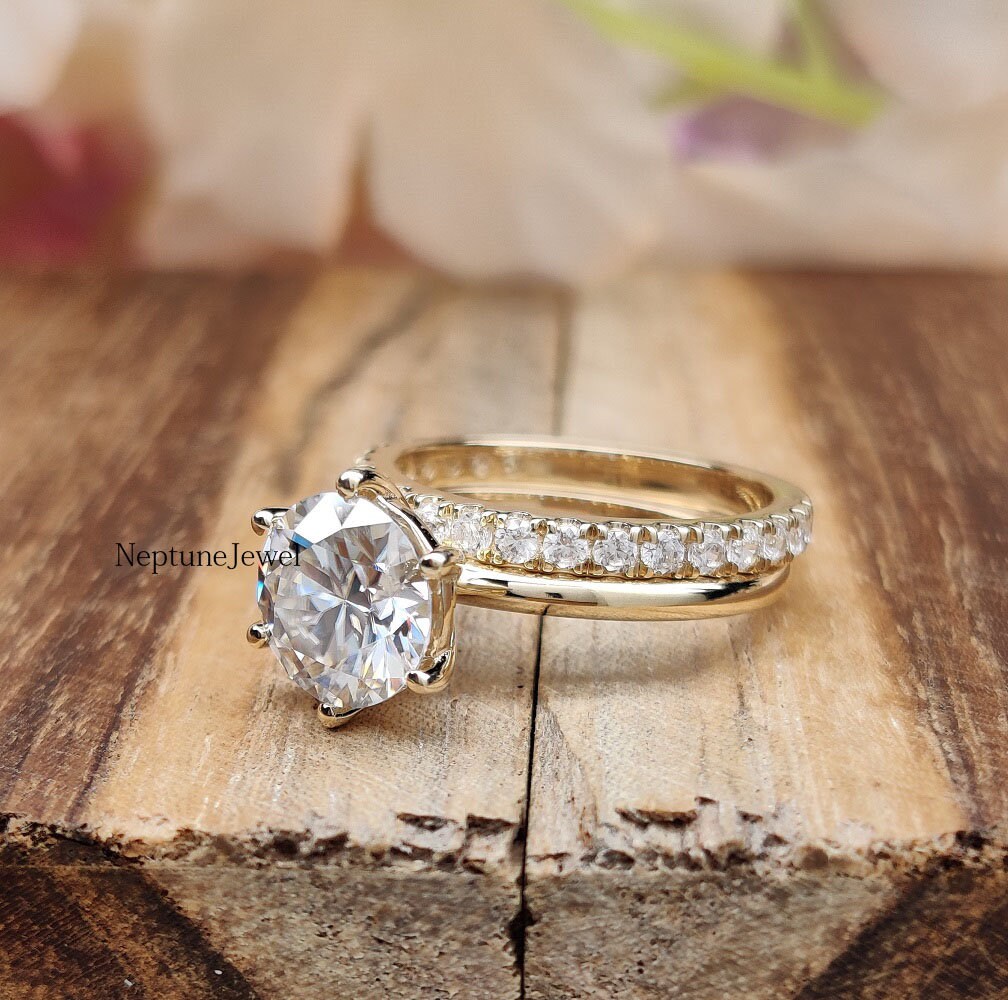 14K Yellow Gold Bridal Set / 2 CT Round Cut Moissanite Engagement Ring ...