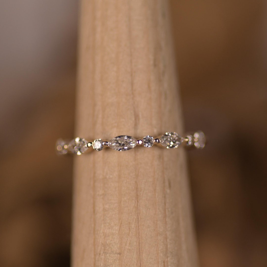14k Gold Lab Grown Diamond Wedding Band, Marquise & Round Half Eternity ...