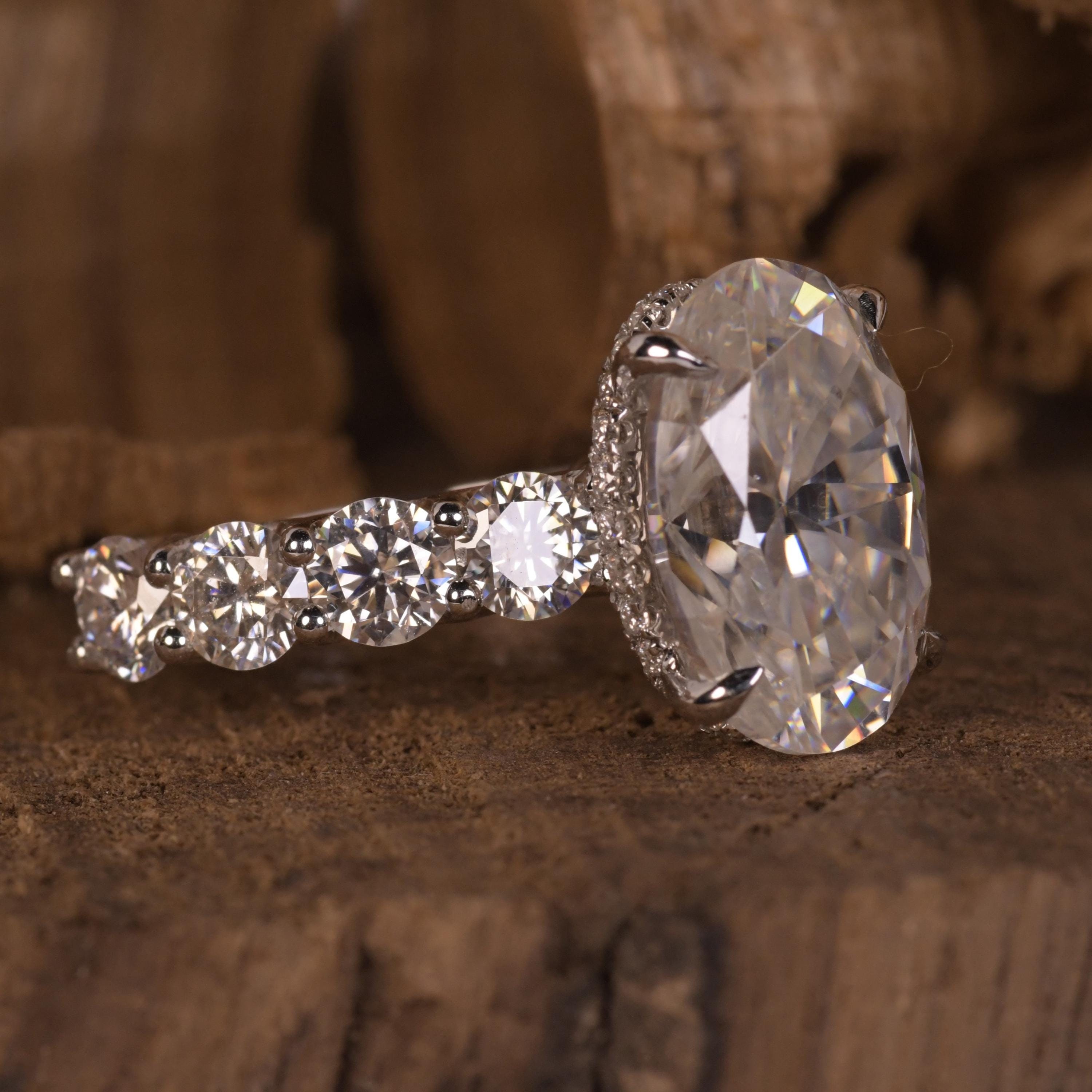 5 CT Oval Cut IGI Certified Lab Grown Diamond Engagement Ring/ 4mm Round Cut Half Eternity Lab Diamond Set Solitaire Accent Hidden Halo Ring