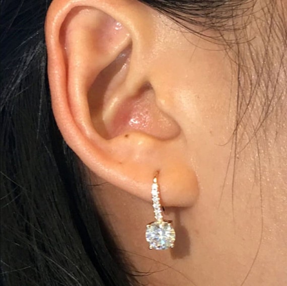 2.00 ct Round Cut Simulated Diamond Drop Dangle Earrings/ 14K White Gold Moissanite Hook Earrings/ 925 Sterling Silver Bridesmaid Earrings