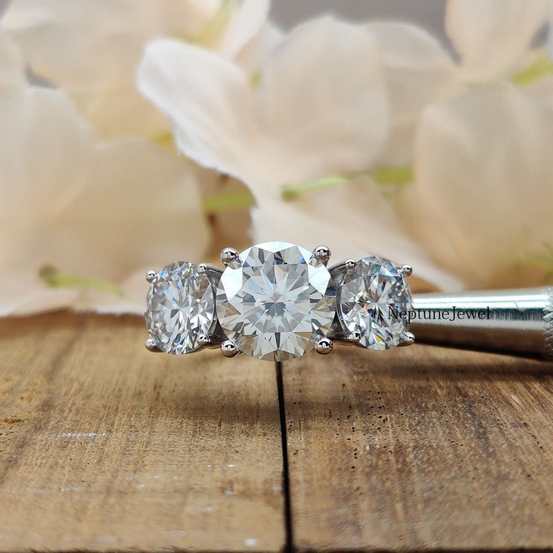 3-stone Round Cut Silver CZ Engagement Ring / 14K White Gold Wedding ...