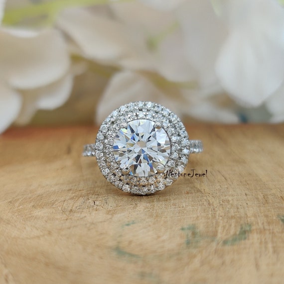 Beautiful Double Halo Ct Round Lab Diamond Ring/solid White