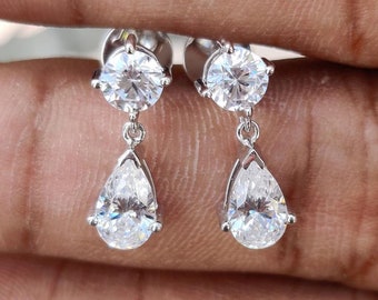 Gorgeous Tear Drop Pear and Round Cut Moissanite Dangle & Drop Earring / Simulated Diamond 925 Sterling Silver Earring / Bridesmaid&#39;s Gift