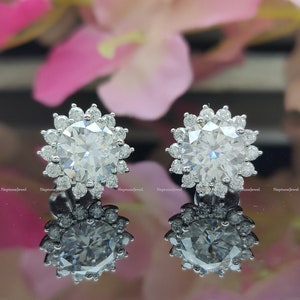 Kolczyki z brylantami Starburst Cluster Halo Round Moissanite / Srebro próby 925 Zaręczynowe kolczyki Push Back / Kolczyki z litego białego złota 14K dla niej