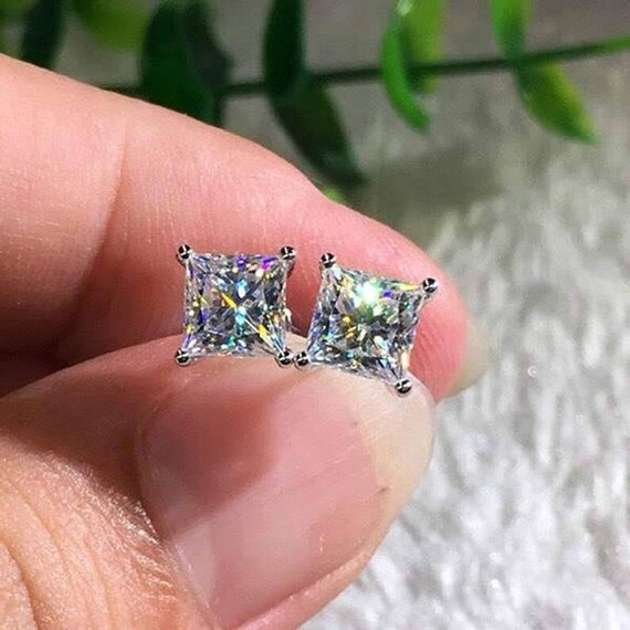 2.50 TCW Princess Moissanite Solitaire Push Back Earring 14k White Gold  Plated