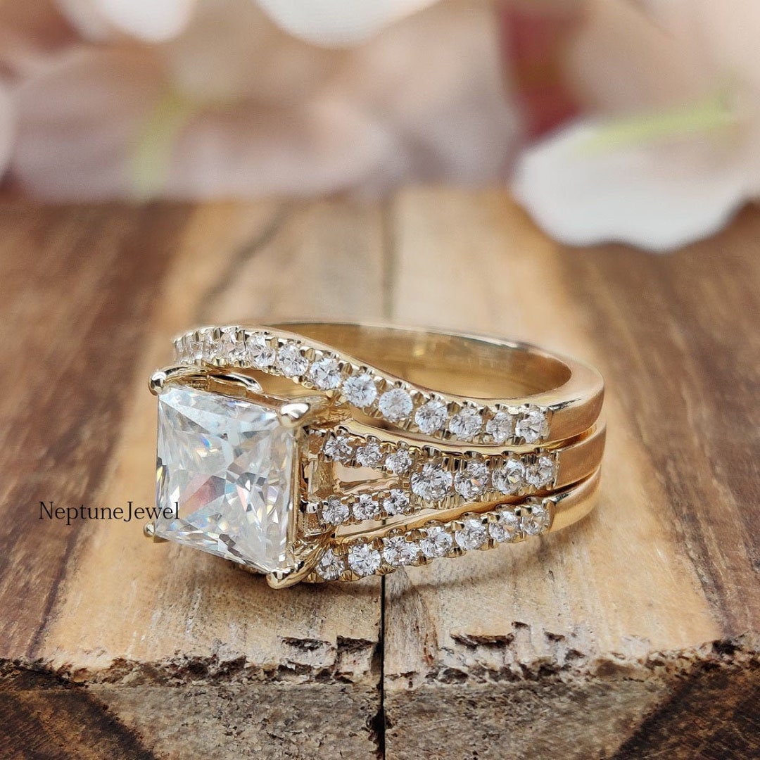 3.50CT Princess Moissanite Wedding Set / Princess Three Piece Simulated