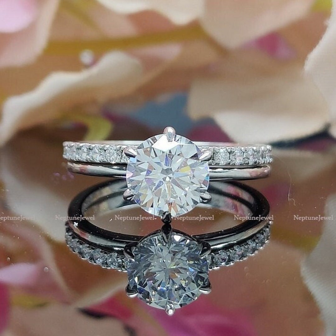 14K White Gold Bridal Set / 2 CT Round Cut Moissanite Engagement Ring ...