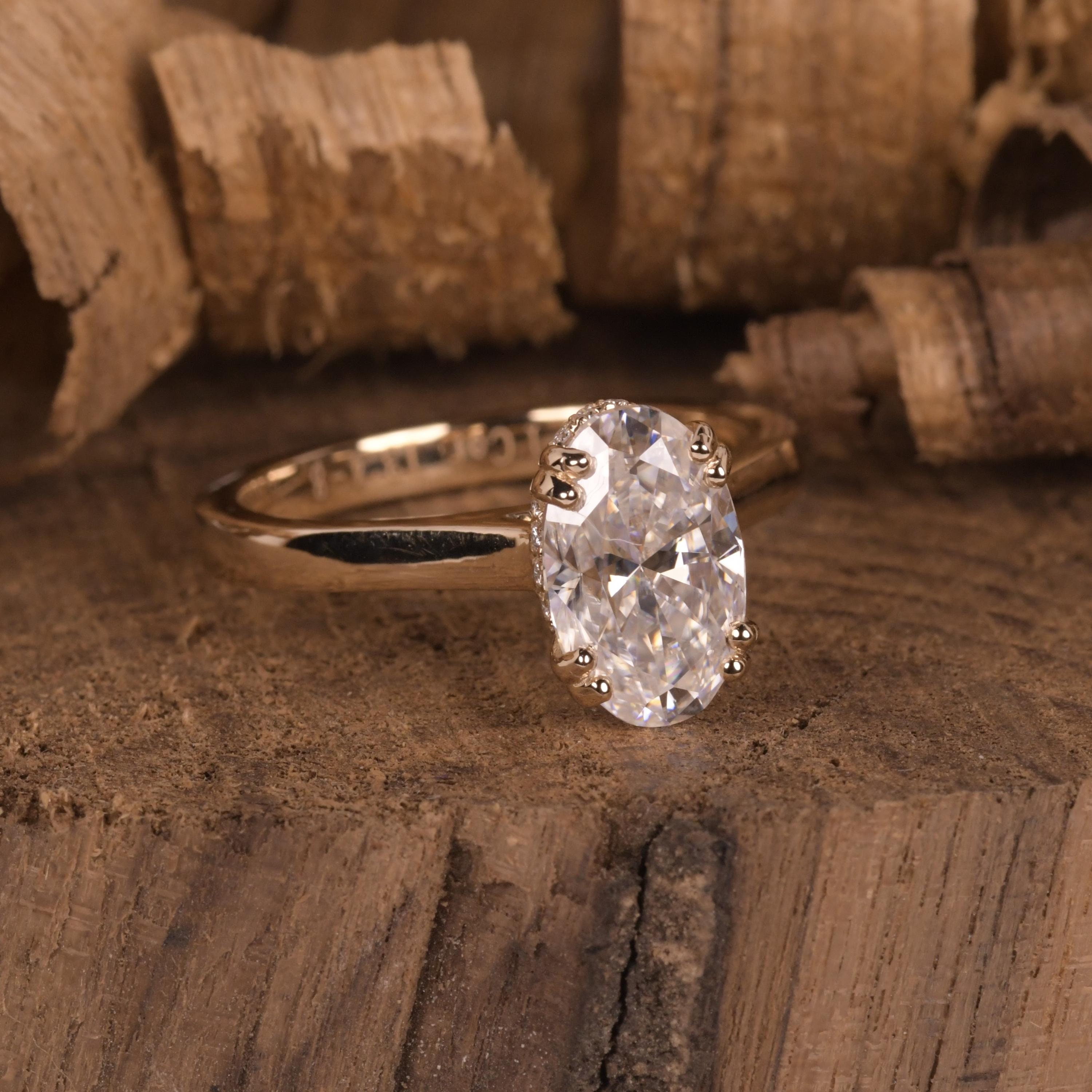 2.75Ct Oval Cut Lab Grown Diamond With Hidden Halo Engagement Ring / Double Prong Set Oval CVD Diamond / 14K Yellow Gold Wedding Ring
