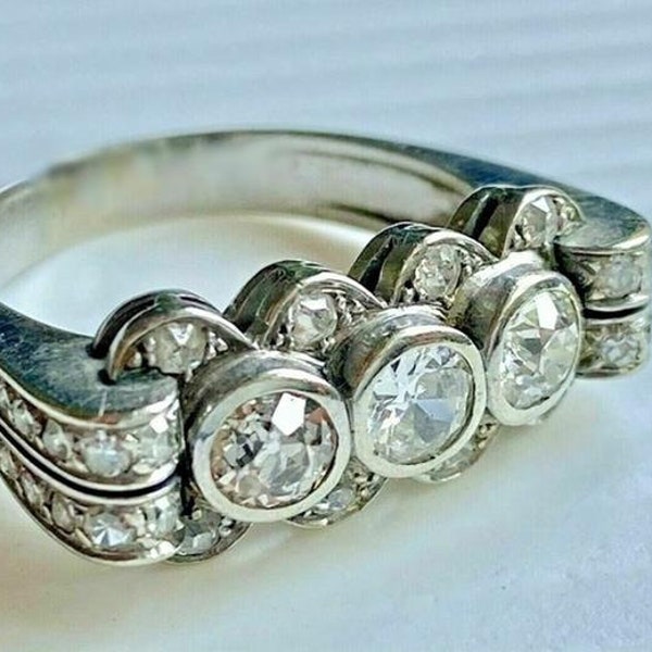 Vintage Ring / 2.50 TCW Stunning Art Deco 3 Center Stone Simulated Diamond Filigree Statement Ring / 925 Sterling Silver, Big Art Deco Ring