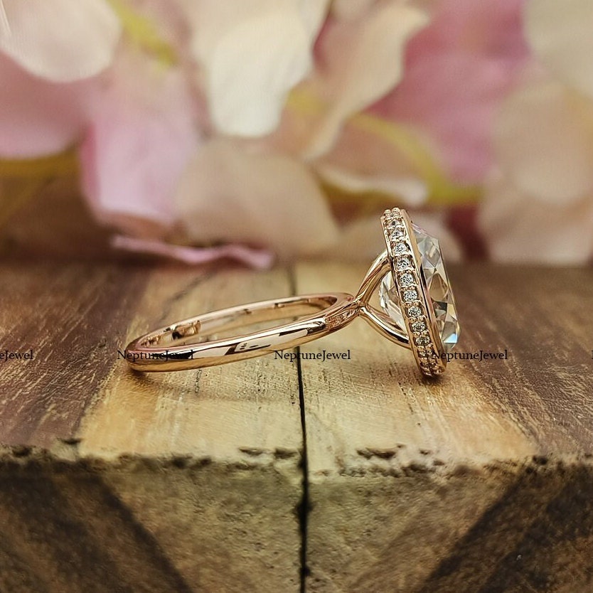 14K Gold OEC Oval Cut Moissanite Bezel With Hidden Halo Set
