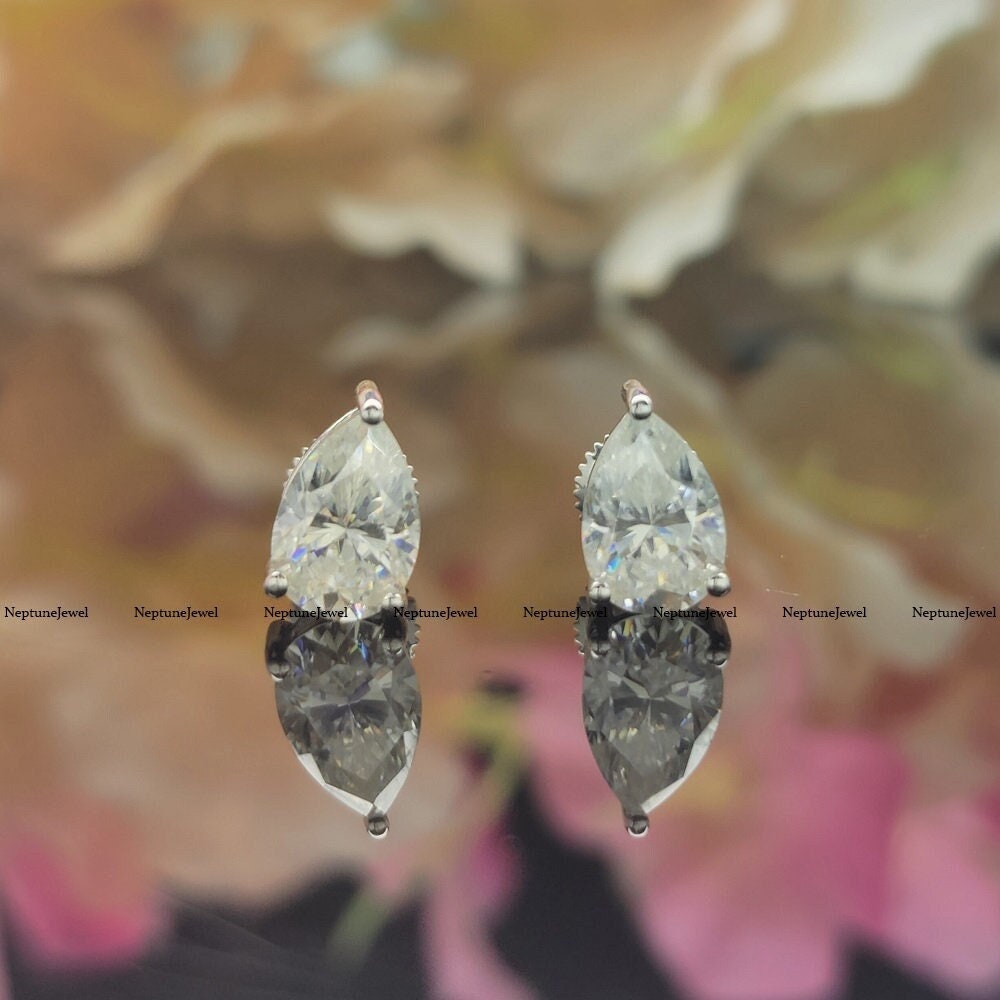 3 Prongs Solitaire Stud Earrings/ 9x6mm Pear Cut Each 1.50ct / Pear Cut Moissanite Stud Earrings in 14K Gold / 925 Silver Bridal Jewelry