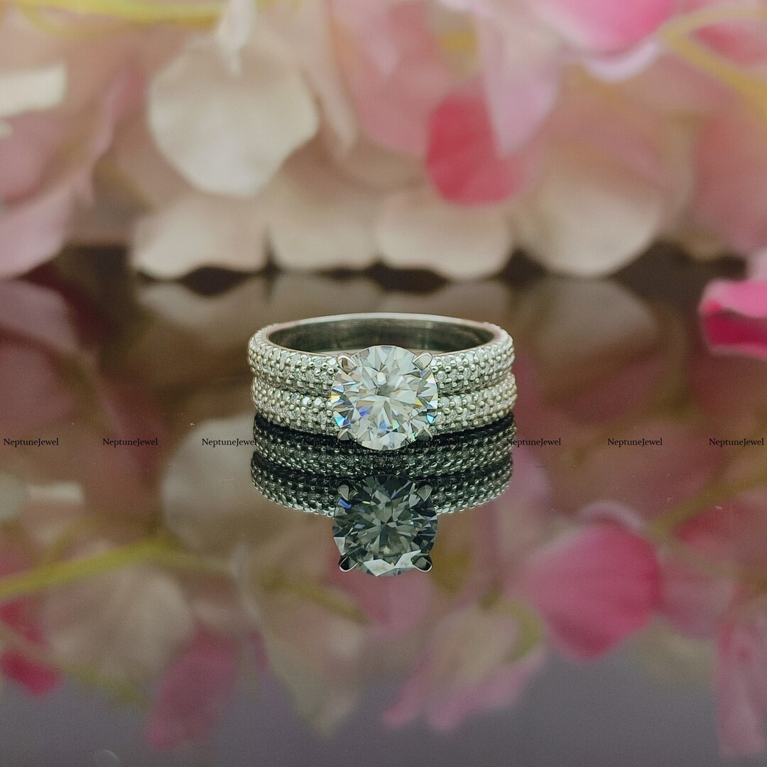 14K White Gold Bridal Set / 1.50ct Round Cut Moissanite Engagement Ring ...